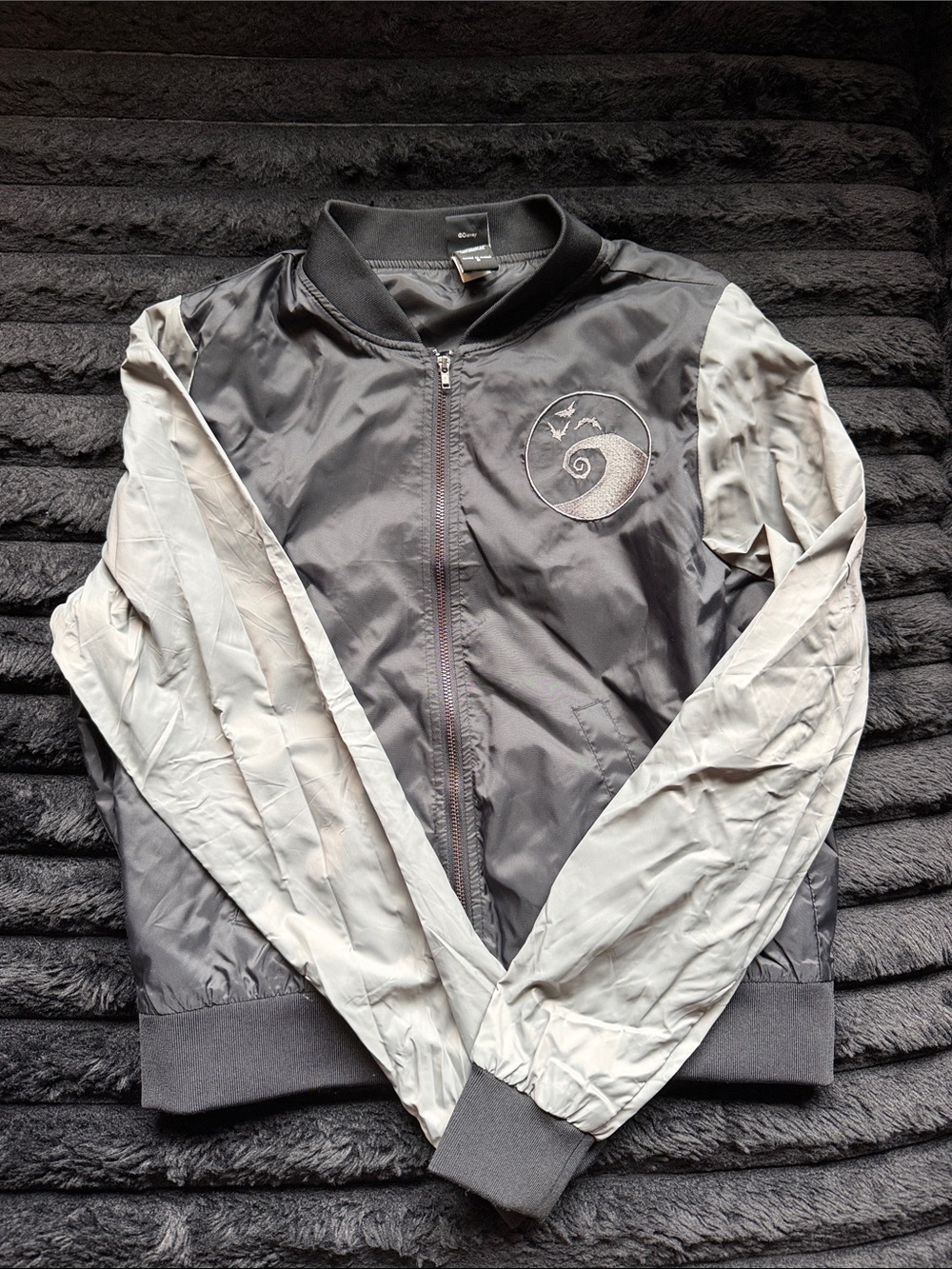 Hot Topic Black and Light Gray Women's Bomber Jacket with Embroidered Patch